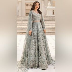 Elegant Silver Embellished Wedding bust 34 lengha choli with contrast Duppatta